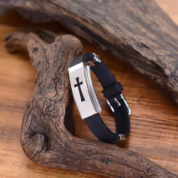 Men Fashion Silver Cross Stainless Steel Black Rubber Bracelet Bangle Wristband