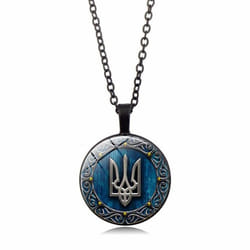 Tryzub Ukraine Pendant Necklace Ukrainian Rune Vintage Patterns Glass Cabochon Chain Necklaces Men Women Classic Jewelry - black