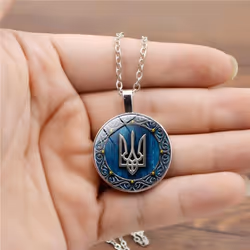 Tryzub Ukraine Pendant Necklace Ukrainian Rune Vintage Patterns Glass Cabochon Chain Necklaces Men Women Classic Jewelry - black