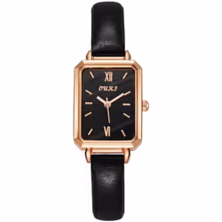 Women's Square Dial Watch With Leather Strap - black