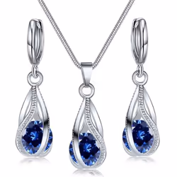 Crystal Water Drop Pendent Necklace Earrings Jewelry Set For Women Bridal Wedding Halloween Gift - blue
