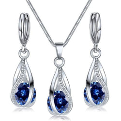 Crystal Water Drop Pendent Necklace Earrings Jewelry Set For Women Bridal Wedding Halloween Gift - blue
