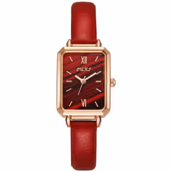 Women&apos;s Square Dial Watch With Leather Strap - red