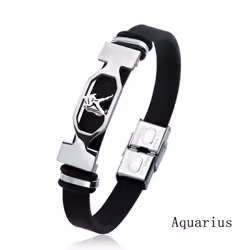 Charm Jewelry 12 Constellations Stainless Steel Leather Cuff Bracelet Men - aquarius