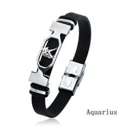 Charm Jewelry 12 Constellations Stainless Steel Leather Cuff Bracelet Men - aquarius