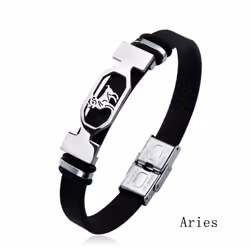Charm Jewelry 12 Constellations Stainless Steel Leather Cuff Bracelet Men - Aries
