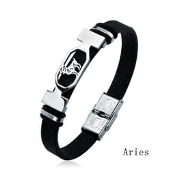 Charm Jewelry 12 Constellations Stainless Steel Leather Cuff Bracelet Men - Aries