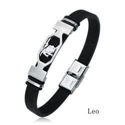 Charm Jewelry 12 Constellations Stainless Steel Leather Cuff Bracelet Men - leo