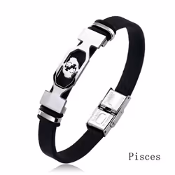 Charm Jewelry 12 Constellations Stainless Steel Leather Cuff Bracelet Men - pisces