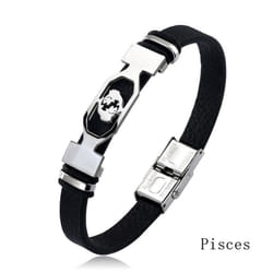 Charm Jewelry 12 Constellations Stainless Steel Leather Cuff Bracelet Men - pisces