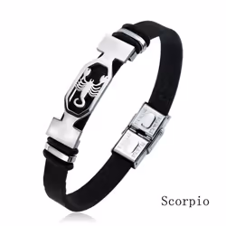 Charm Jewelry 12 Constellations Stainless Steel Leather Cuff Bracelet Men - scorpio