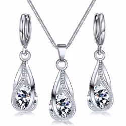 Crystal Water Drop Pendent Necklace Earrings Jewelry Set For Women Bridal Wedding Halloween Gift - white