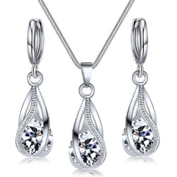 Crystal Water Drop Pendent Necklace Earrings Jewelry Set For Women Bridal Wedding Halloween Gift - white