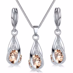 Crystal Water Drop Pendent Necklace Earrings Jewelry Set For Women Bridal Wedding Halloween Gift - champagne