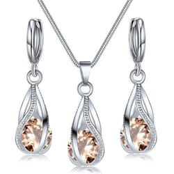 Crystal Water Drop Pendent Necklace Earrings Jewelry Set For Women Bridal Wedding Halloween Gift - champagne