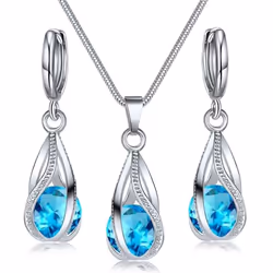 Crystal Water Drop Pendent Necklace Earrings Jewelry Set For Women Bridal Wedding Halloween Gift - light blue