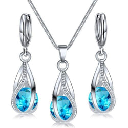 Crystal Water Drop Pendent Necklace Earrings Jewelry Set For Women Bridal Wedding Halloween Gift - light blue