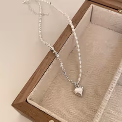Silver Beaded Love Necklace For Women&apos;s Girls Light Luxury Style Clavicle Chain Jewelry
