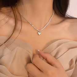 Silver Beaded Love Necklace For Women&apos;s Girls Light Luxury Style Clavicle Chain Jewelry