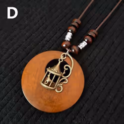 1pc Leaves Long Chain Choker Beaded Pendant Wooden Necklace Gift Ethnic Style Jewelry Vintage - D