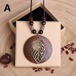 1pc Leaves Long Chain Choker Beaded Pendant Wooden Necklace Gift Ethnic Style Jewelry Vintage - A