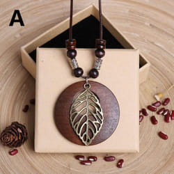 1pc Leaves Long Chain Choker Beaded Pendant Wooden Necklace Gift Ethnic Style Jewelry Vintage - A