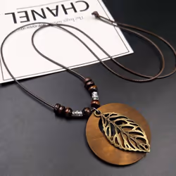 1pc Leaves Long Chain Choker Beaded Pendant Wooden Necklace Gift Ethnic Style Jewelry Vintage - J