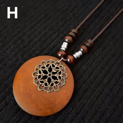 1pc Leaves Long Chain Choker Beaded Pendant Wooden Necklace Gift Ethnic Style Jewelry Vintage - H