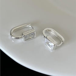 Anenjery Square Zircon U-shaped Hoop Earrings For Women Exquisite Golden Silver Color Geometric Party Jewelry Gift - silver