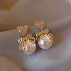 French Pearl Tassel Earrings For Women - 2024 New High-end Light Luxury Style - gold, Diamond Heart Bow Pearl Earrings