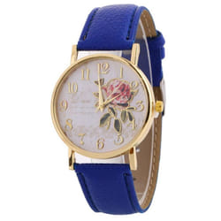 Useful Women Number Rose Flower Round Dial Faux Leather Band Quartz Wrist Watch - blue