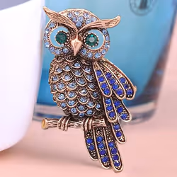Vintage Owl Brooch Corsage Scarf Clip Antique Gold Plated Crystal Parrot Brooches - Blue
