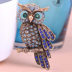 Vintage Owl Brooch Corsage Scarf Clip Antique Gold Plated Crystal Parrot Brooches - Blue