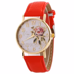 Useful Women Number Rose Flower Round Dial Faux Leather Band Quartz Wrist Watch - red