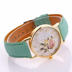 Useful Women Number Rose Flower Round Dial Faux Leather Band Quartz Wrist Watch - red
