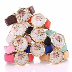 Useful Women Number Rose Flower Round Dial Faux Leather Band Quartz Wrist Watch - light blue