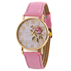 Useful Women Number Rose Flower Round Dial Faux Leather Band Quartz Wrist Watch - pink
