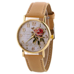 Useful Women Number Rose Flower Round Dial Faux Leather Band Quartz Wrist Watch - beige