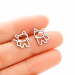 1 Pair Cute Cat Stainless Steel Stud Earrings For Womens Punk Jewelry Gifts Trend Fashion Small Ear Studs Jewelry - Silver