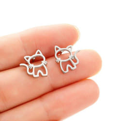 1 Pair Cute Cat Stainless Steel Stud Earrings For Womens Punk Jewelry Gifts Trend Fashion Small Ear Studs Jewelry - Silver