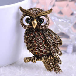 Vintage Owl Brooch Corsage Scarf Clip Antique Gold Plated Crystal Parrot Brooches - Yellow