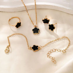 4pcs Lucky Clover Fashion Five Flower Stainless Steel Fritillariabracelet Necklace Ring Earring Set Women&apos;s Jewelry - black, 4PCS