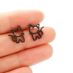 1 Pair Cute Cat Stainless Steel Stud Earrings For Womens Punk Jewelry Gifts Trend Fashion Small Ear Studs Jewelry - Black