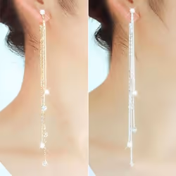 Linear Long Tassels Zircon Dangle Earrings For Women - silver