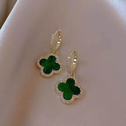Fashion Luxury Four-leaf Clover Retro Shiny Rhinestone Earrings Net Red Senior Sense Of Ladies Earrings Small Fragrant Wind Ear Buckle - green