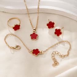 4pcs Lucky Clover Fashion Five Flower Stainless Steel Fritillariabracelet Necklace Ring Earring Set Women&apos;s Jewelry - red, 4PCS