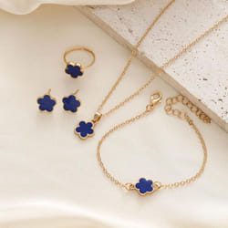 4pcs Lucky Clover Fashion Five Flower Stainless Steel Fritillariabracelet Necklace Ring Earring Set Women&apos;s Jewelry - blue, 4PCS