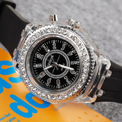 Fashion Rhinestone Led Luminous Watch For Women Outdoor Sports Digital Woman Wirstwatch Clock - black
