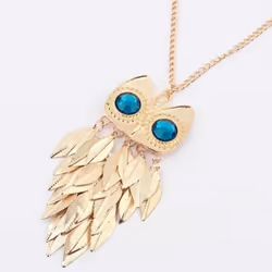 Women Fashion Golden Tone Leaves Owl Charm Pendant Long Chain Necklace