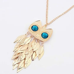 Women Fashion Golden Tone Leaves Owl Charm Pendant Long Chain Necklace